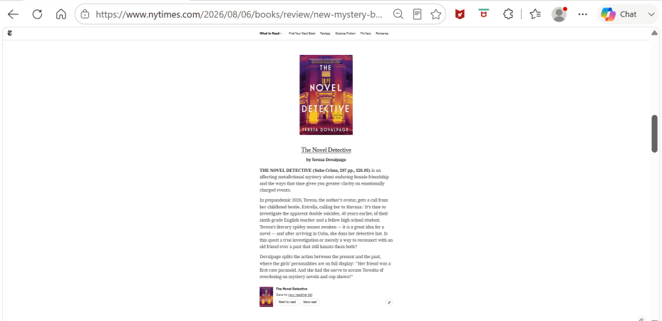 Reseña en The New York Times sobre The Novel Detective de Teresa Dovalpage.